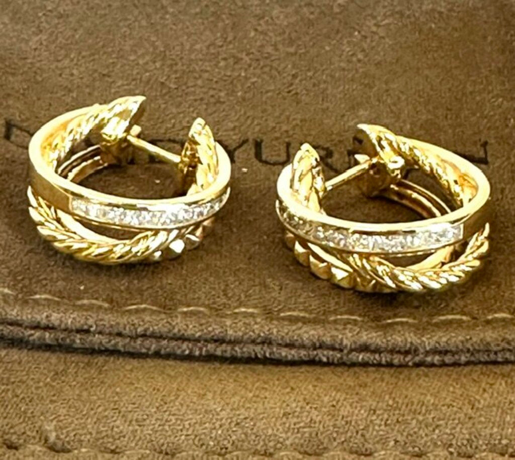 David Yurman 18k Gold and Diamond Three Row Hoops