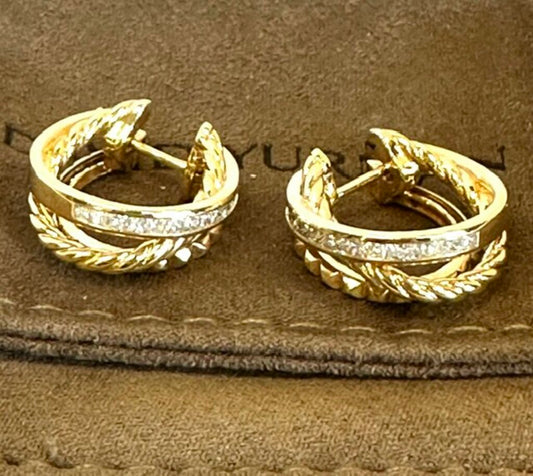 David Yurman 18k Gold and Diamond Three Row Hoops
