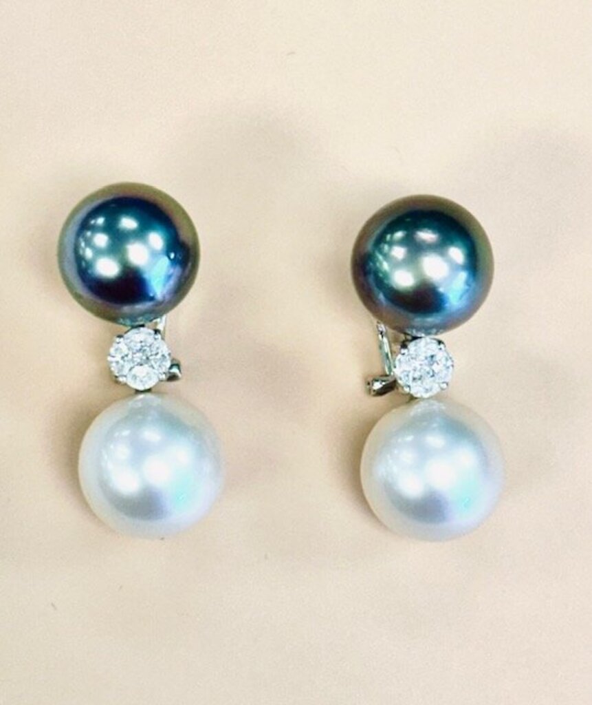 Tahitian South Sea Pearl and Diamond 18k White Gold Earrings