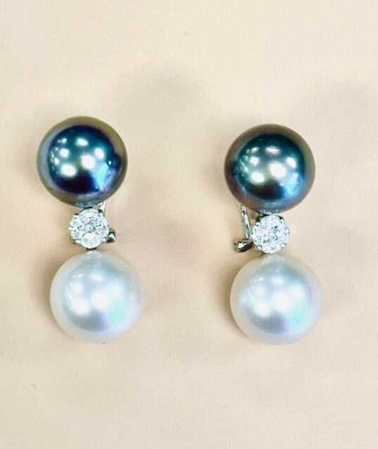 Tahitian South Sea Pearl and Diamond 18k White Gold Earrings